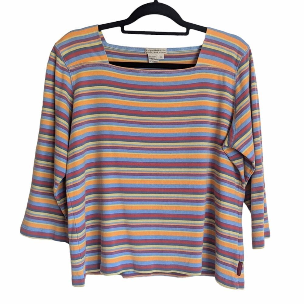 Royal Robbins boatneck colorful striped top 3/4 length sleeves Size XL